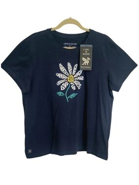 LIFE IS GOOD Navy Tee with Yellow Heart and Teal Stem Graphic Peace Love NWT